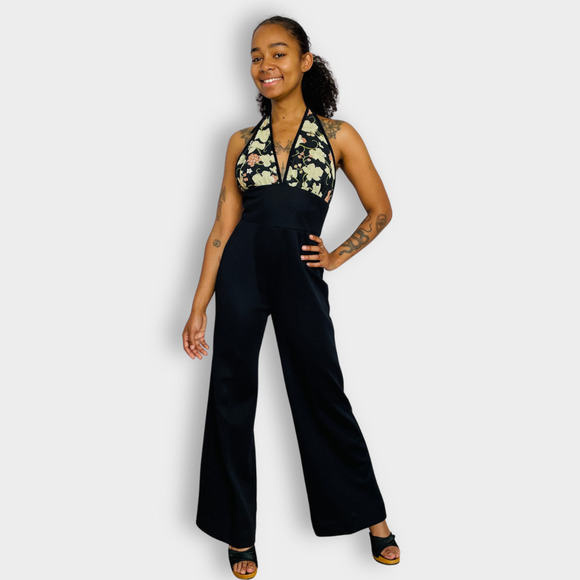 70s Jerell of Texas Black with Floral Halter Top Jumpsuit‎ Set